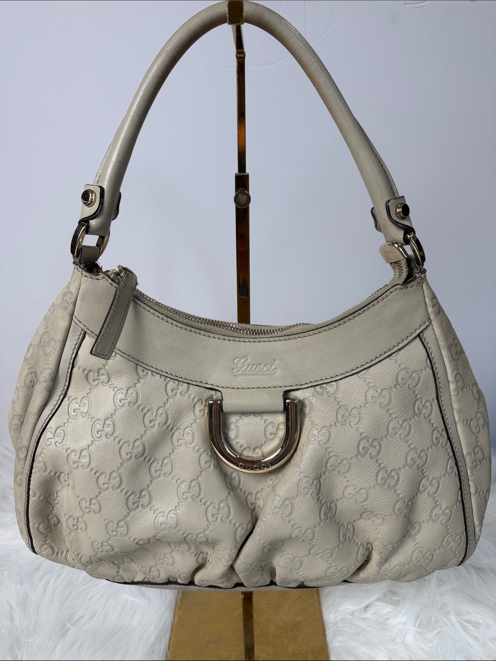 Gucci Abbey D-Ring Guccissima GG Leather Shoulder Hobo Bag Beige